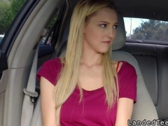 Blonde teen takes huge cock in backseat