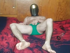 I insert a small plug and pump my penis while wearing an electronic mask